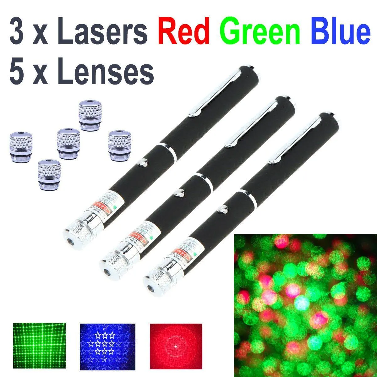 3 Pack 5mW Laser Pens Red - Green - Blue