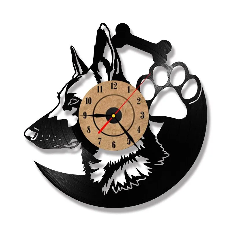 German Shepherd Dog Record Clock LED Clocks for Living Room Vinyl Record Hanging Clock Lighting Amimal Silhouette Room Decor
