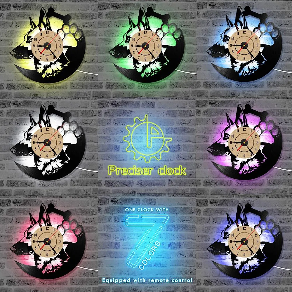 German Shepherd Dog Record Clock LED Clocks for Living Room Vinyl Record Hanging Clock Lighting Amimal Silhouette Room Decor