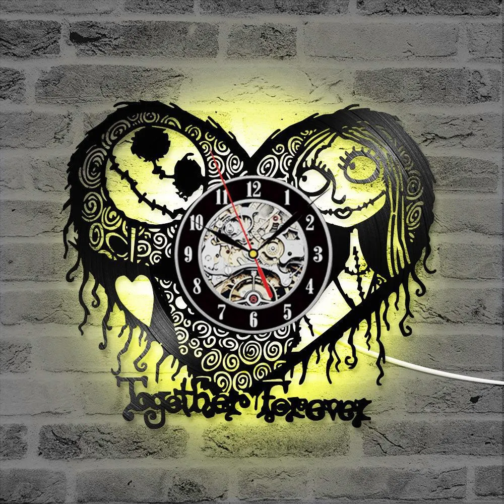 Home Decor Nightmare Before Christmas Heart Pattern Vinyl Record Clock Hollow Creative Antique Style CD Record LED Clock