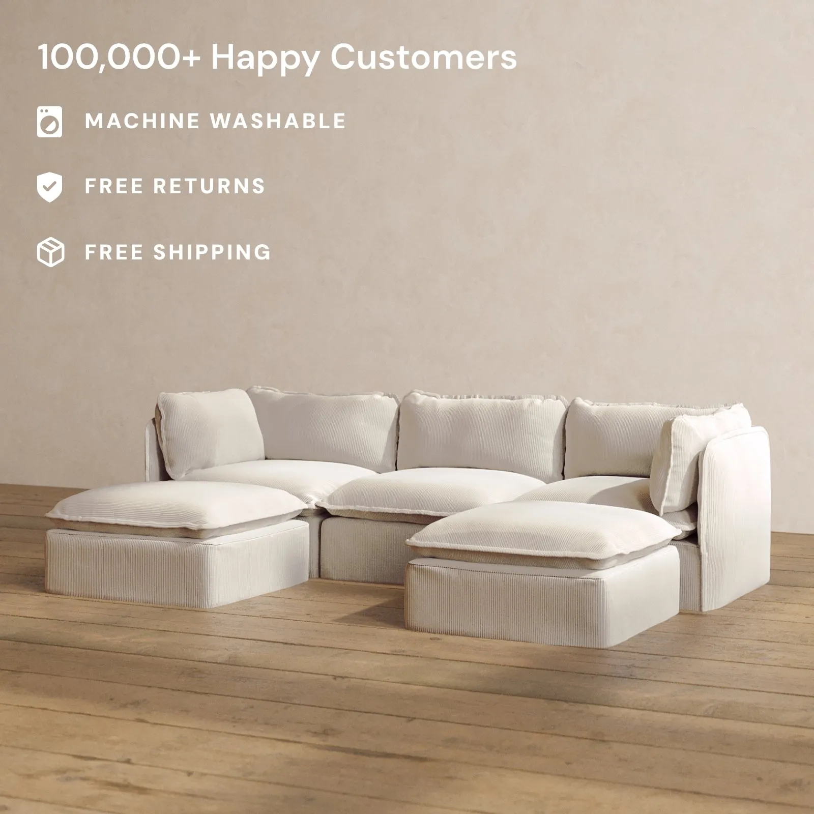 Modular Washable 3-Seater U-Sectional in Milk | Deluxe  Seat | Cloud Pillow
