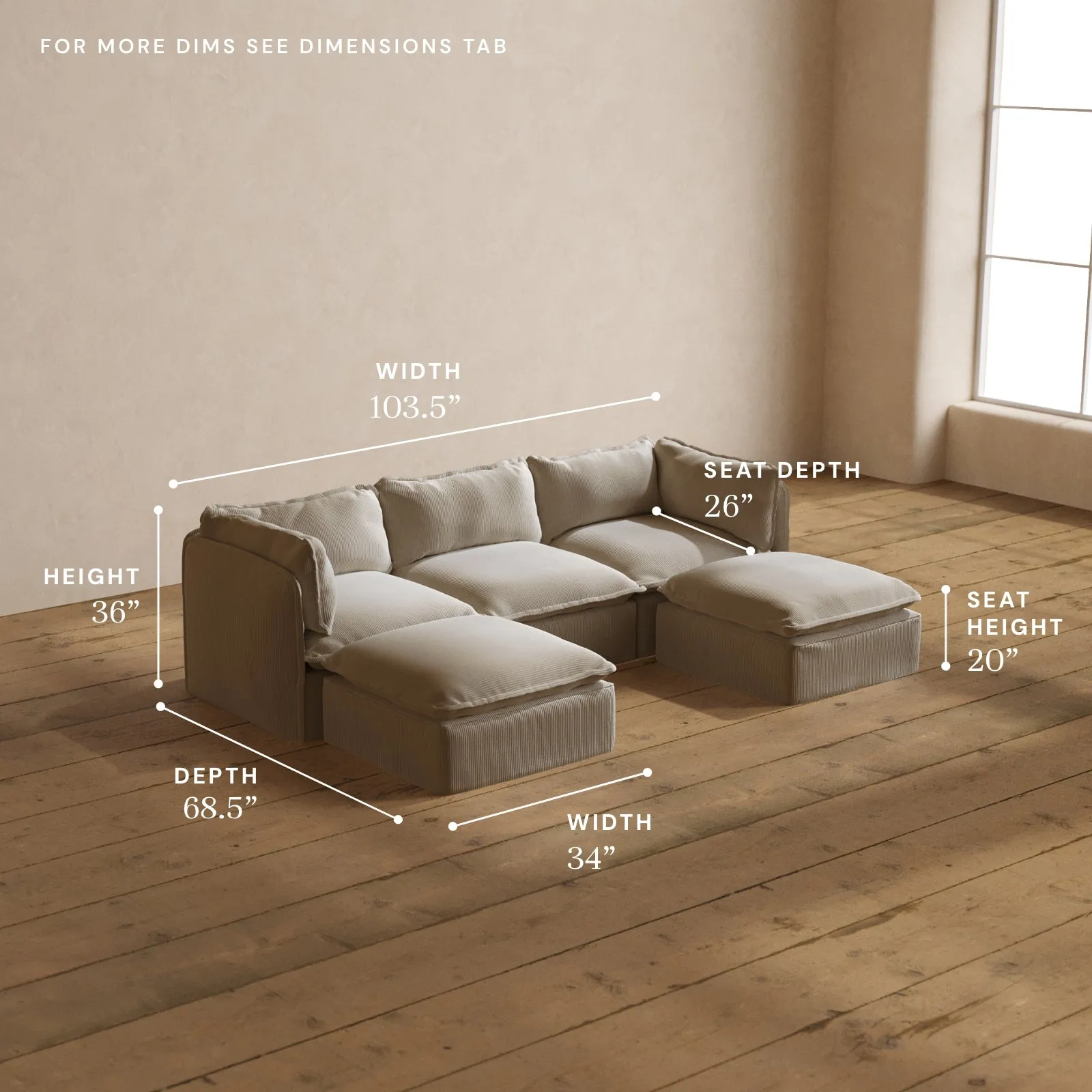 Modular Washable 3-Seater U-Sectional in Milk | Deluxe  Seat | Cloud Pillow