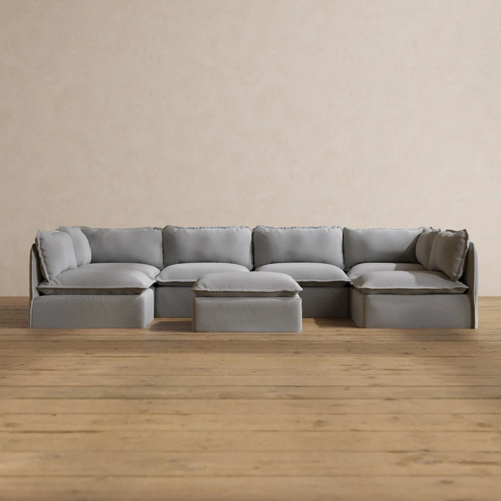 Modular Washable 6-Seater Open-Ends U-Sectional   Ottoman in Pumice | Memorix  Seat | Cloud Pillow
