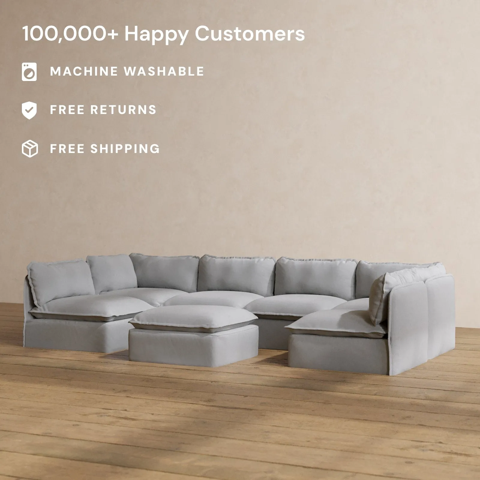 Modular Washable 6-Seater Open-Ends U-Sectional   Ottoman in Pumice | Memorix  Seat | Cloud Pillow