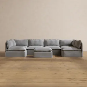 Modular Washable 6-Seater Open-Ends U-Sectional   Ottoman in Pumice | Memorix  Seat | Cloud Pillow