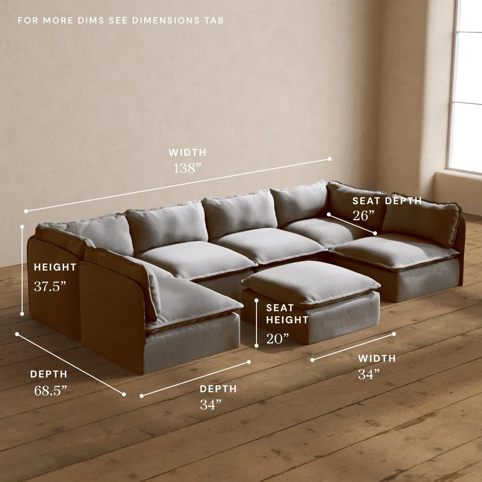 Modular Washable 6-Seater Open-Ends U-Sectional   Ottoman in Pumice | Memorix  Seat | Cloud Pillow