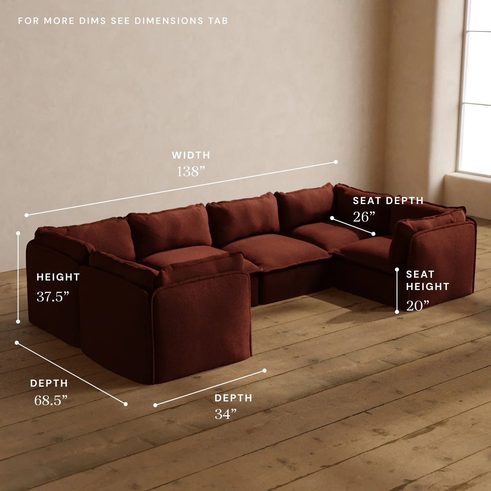 Modular Washable 6-Seater U-Sectional in Rust | Deluxe  Seat | Cloud Pillow