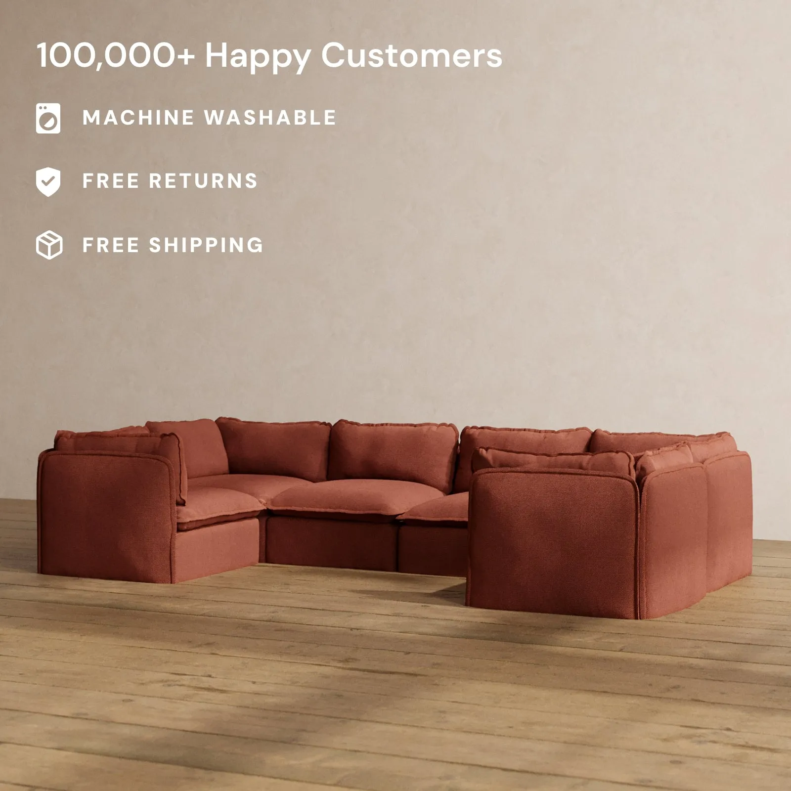 Modular Washable 6-Seater U-Sectional in Rust | Deluxe  Seat | Cloud Pillow