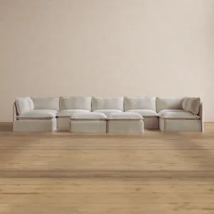 Modular Washable 7-Seater Open-Ends U-Sectional   Bench Ottoman in Coco | Deluxe  Seat | Cloud Pillow