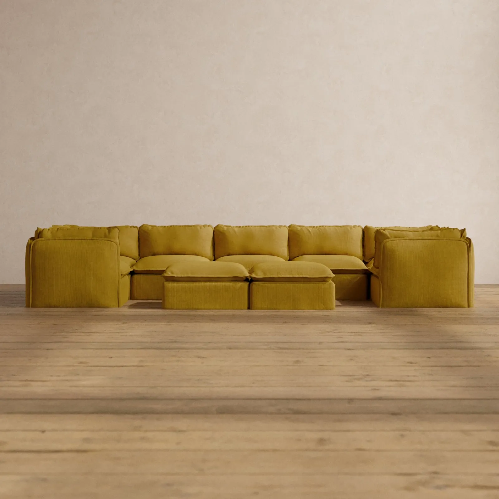 Modular Washable 7-Seater U-Sectional   Bench Ottoman in Kiiro | Deluxe  Seat | Cloud Pillow