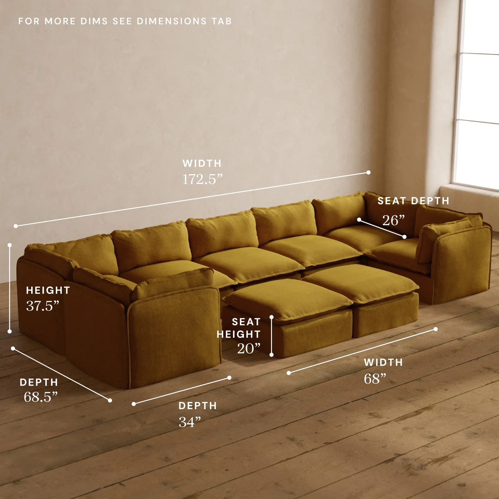 Modular Washable 7-Seater U-Sectional   Bench Ottoman in Kiiro | Deluxe  Seat | Cloud Pillow