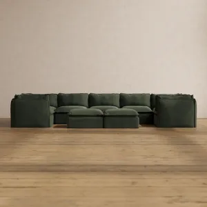 Modular Washable 7-Seater U-Sectional   Bench Ottoman in Olivine | Deluxe  Seat | Cloud Pillow