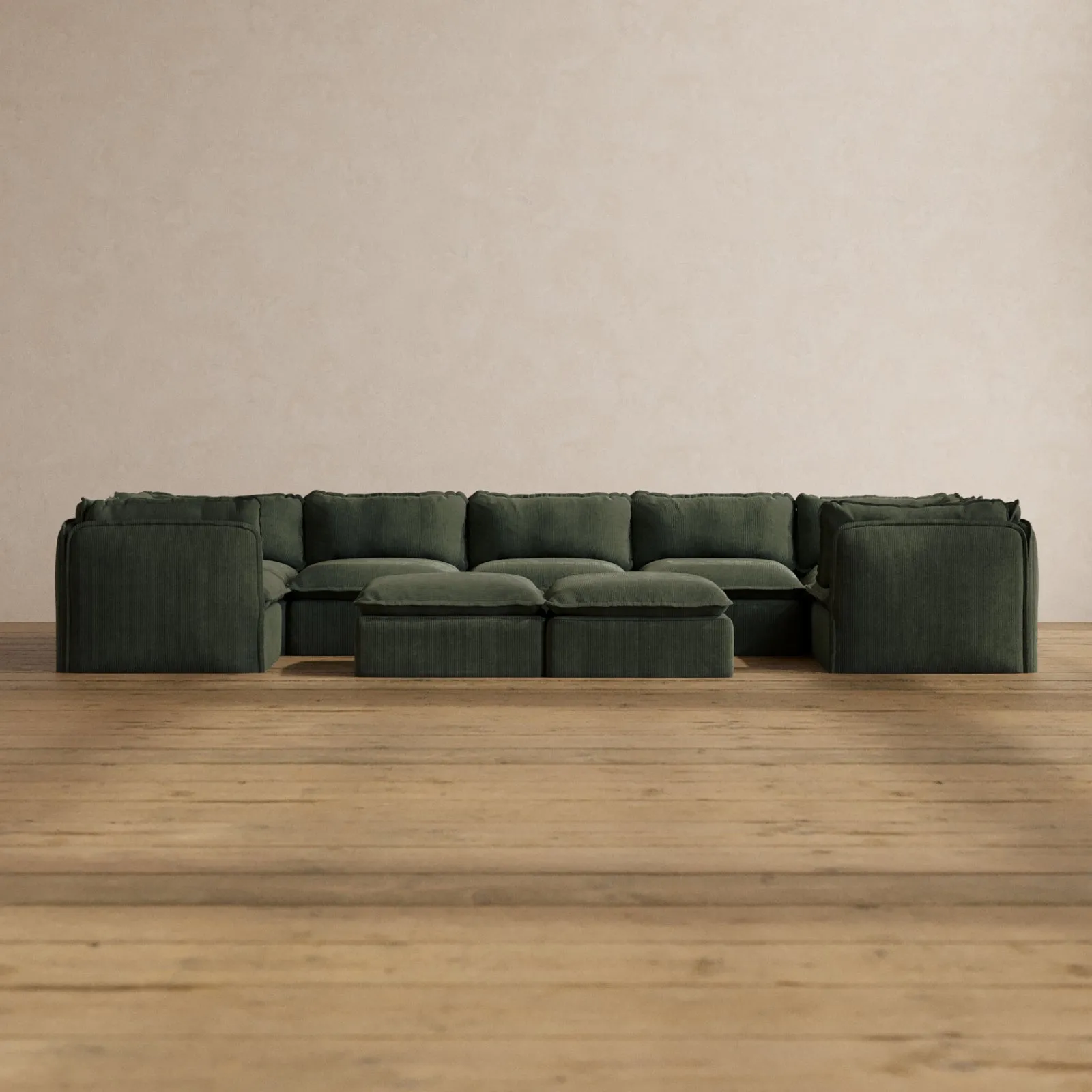 Modular Washable 7-Seater U-Sectional   Bench Ottoman in Olivine | Deluxe  Seat | Cloud Pillow