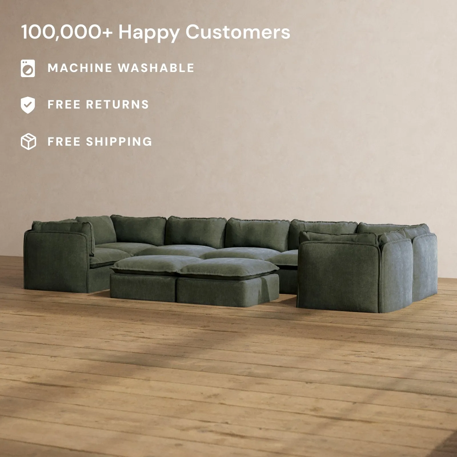 Modular Washable 7-Seater U-Sectional   Bench Ottoman in Olivine | Deluxe  Seat | Cloud Pillow