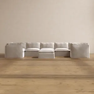 Modular Washable 7-Seater U-Sectional   Ottoman in Mist | Memorix  Seat | Cloud Pillow