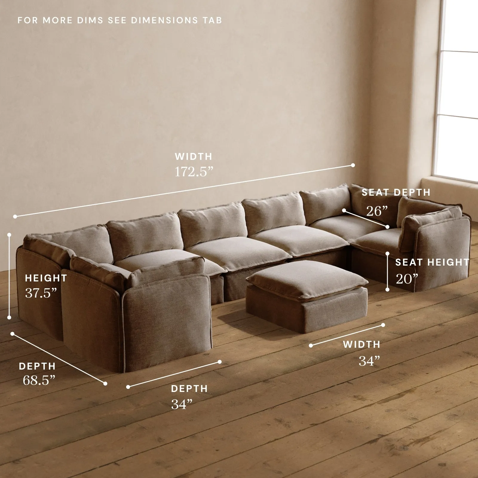 Modular Washable 7-Seater U-Sectional   Ottoman in Mist | Memorix  Seat | Cloud Pillow