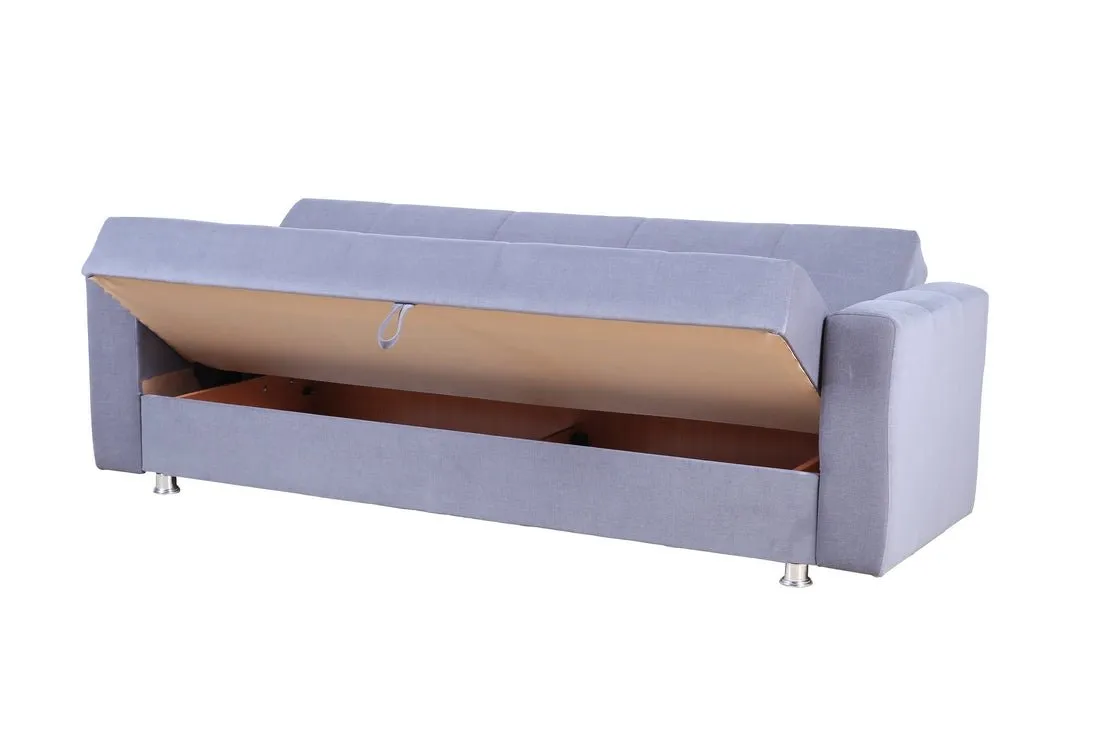 Soft Grey Fabric Sofabed w/ Large Storage Compartment and 2 Side Pillows