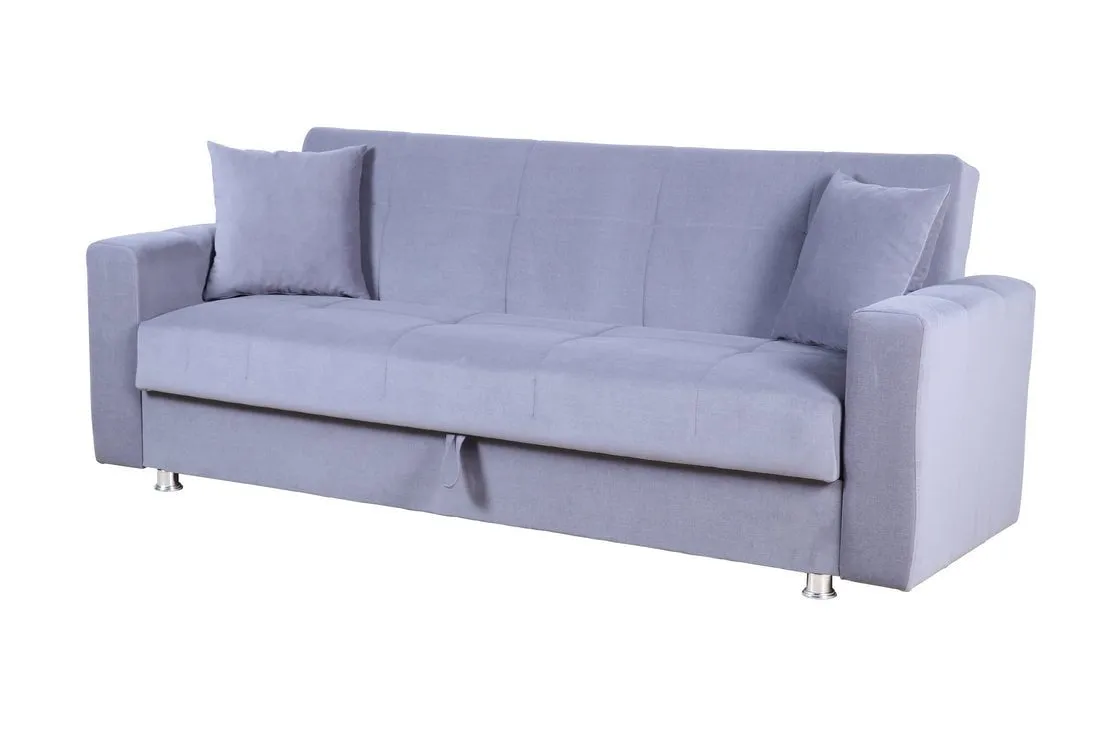 Soft Grey Fabric Sofabed w/ Large Storage Compartment and 2 Side Pillows