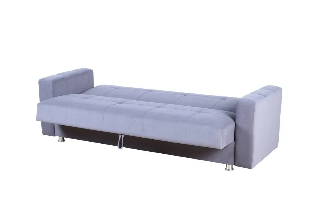 Soft Grey Fabric Sofabed w/ Large Storage Compartment and 2 Side Pillows